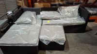 1 X BRAND NEW BALI 3 PIECE RATTAN CORNER SET CONTAINING 1 FOOTSTOOL IN SIZE L49XH29CM 1 CORNER PIECE IN SIZE D68XH61XL134CM AND 1 LOVESEAT IN SIZE D65XH63XL128CM IN BLACK