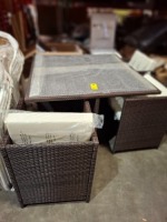 1 X BRAND NEW 4 PIECE OUTDOOR FURNITURE CONTAINING 3 CHAIRS IN SIZE D52XH68XL55CM AND ONE TABLE WITH GLASS TABLE IN SIZE D110XL110XH74CM IN BROWN