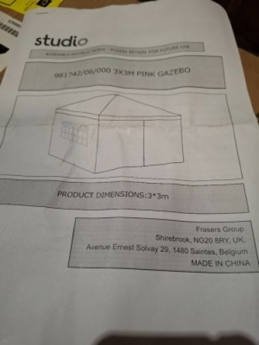 1 X BRAND NEW STUDIO GAZEBO IN PINK IN SIZE 3X3M