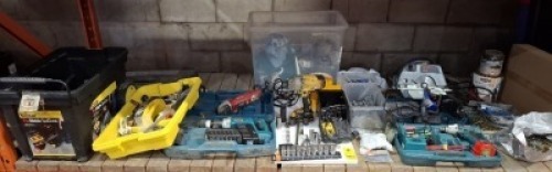 FULL BAY MIXED TOOL LOT TO INCLUDE DEWALT IMPACT WRENCH DRILL - DEWALT BATTERY CHARGER - MAKITA HAMMER DRILL WITH 2 BATTERIES - MAKITA IMPACT DRIVER WITH BATTERY - BOSCH GKS CIRCULAR SAW - EINHELL GRINDER - SOCKET SET - MOBILE TOOLCHEST - ETC (PLEASE NOTE