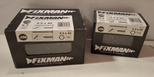 28 X BRAND NEW FIXMAN HARDWARE FIXING WOODSCREWS SIZE 4.5X40MM - 4.5X25MM - 3.5X 30MM - 200 SCREWS PER BOX