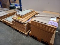200 + BRAND NEW KITCHEN / CABINET MIXED LOT CONTAINING PLINTH IN SIZE H 150 MM X W 720 MM , DOOR IN SIZE 57 X 39.6 CM , GLASS DOORS IN SIZE 71.6 X 39.6 CM , BIGER GLASS DOORS 71.6 X 59.6 , AND WOOD DOOR 57 X 44.6 CM AND 57 X 29.6 , CORNER PIECES IN SIZE 
