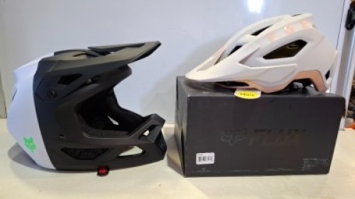 2 X PIECE BRAND NEW BIKE HELMET LOT CONTAINING 1 X RAMPAGE 5050 HELMET IN BLACK / WHITE IN SIZE LARGE - RRP &pound;210 - 1 X FOX RACING SPEEDFRAME HELMET IN VINTAGE WHITE IN SIZE LARGE - RRP &pound;60 - TOTAL RRP FOR LOT - &pound;270