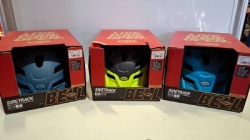 3 X BELL SIDETRACK CHILD HELMETS IN 3 COLOURS BLUE , BLACK/GREEN , - RRP EACH &pound;40 - TOTAL RRP &pound;120