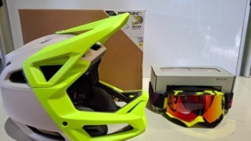 2 X PIECE BRAND NEW BIKE ACCESSORIES LOT CONTAINING 1 X FOX RACING MENS PROFRAME RS MHDRN IN GREY / GREEN IN SIZE LARGE - RRP &pound;310 - 1 X FOX MAIN EMOTION GOGGLE IN SPARK FLUORESCENT RED IN ONE SIZE - RRP &pound;36 - TOTAL FOR RRP FOR LOT &pound;346