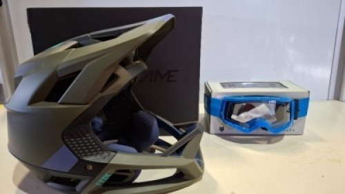 2 X PIECE BRAND NEW BIKE ACCESSORIES LOT CONTAINING MOUNTAIN BIKE HELMET FOX PROFRAME BLOCKED IN OLIVE GREEN IN SIZE XL - RRP &pound;277 - 1 X FOX YOUTH MAIN CORE MOTOCROSS GOGGLES IN TRU BLUE - RRP &pound;27 - TOTAL RRP FOR LOT &pound; 304