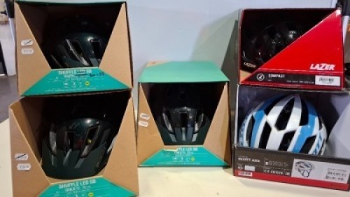 5 X BRAND NEW MIXED BIKE HELMET LOT CONTAINING 3 X SHUFFLE LED SB HELMETS IN GLODD FOREST GREEN / OASIS - RRP EACH &pound;40 - 1 X LAZER COMPACT HELMET IN BLACK - RRP &pound;33 - 1 X SCOTT ARX BIKE HELMET IN SIZE SMALL &pound;60 - TOTAL RRP FOR LOT &pound; 213