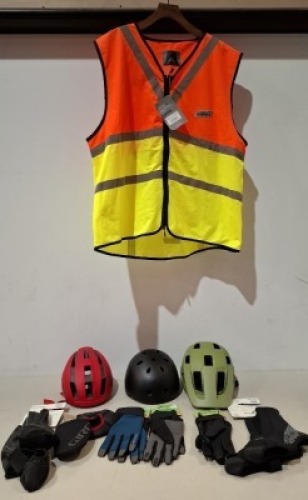 10 X MIXED BICYLE ACCESSORY LOT CONTAINING 3 X HELMETS 1 LAZER IN GREEN 55 - 61 CM , 1 FOX IN RED SIZE XS , DIAMOND BACK BMX IN SIZE M , 3 X MADISON GLOVES IN SIZE XL , 1 X NIGHT VISION SAFETY VEST IN SIZE XL , 1 X GIRO AMBIENT TOE COVER IN SIZE M , 1 X N