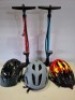 5 X PIECE BICYCLE ACCESSORIES LOT CONTAINING 1 SHUFFLE CHILD LED HELMET IN GREEN IN SIZE 50 - 55 CM , 1 SHUFFLE CHILD BUCKLE HELMET IN RED / YELLOW IN SIZE 50 - 55 , 1 X LAZER HELMET IN SLATE BLUE IN SIZE 58B/ 61 CM , AND 2 TRULO EASITRAX 4 TRACK PUMPS 1 