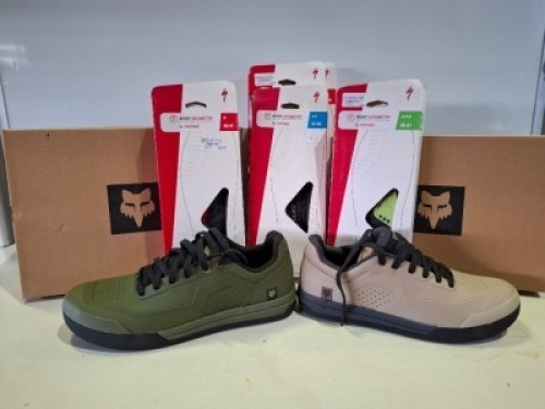 9 X BRAND NEW MIXED CYCLING SHOES LOT CONTAINING 2 X FOX UNION MTB FLAT SHOES IN MOCHA IN SIZE UK 9.25 AND UK 9.5 , 1X FOX UNION FLAT SHOES IN OLIVE GREEN IN SIZE UK 11.5 , 1 X FOX UNION CLIPLESS SHOES IN BLACK IN SIZE UK 9 .25 - RRP FOR EACH IS &pound;130 - 5 