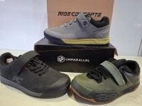 5 X BRAND NEW MIXED BICYCLE SHOE LOT CONTAINING 1 X RIDE CONCEPTS LIVEWIRE SHOES IN BLACK IN SIZE UK 8 - RRP &pound;76 - 1 X RIDE CONCEPTS HELLION CLIP MTB SHOES IN CHARCOAL IN SIZE 8 UK - RRP &pound;90 - 2 X UNPARALLEL UP LINK SHOES 1 IN DARK GREY / GREEN IN SIZE 