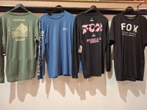 11 X BRAND NEW MIXED TOPS LOT CONTAINING FOX SHORT SLEEV SHIRT IN X LARGE IN GREY , LONG SLEEVE TOP IN BLUE IN SIZE MEDIUM , FOX RACING BLACK TOP IN SIZE MEDIUM , FOX BLACK TOP IN SIZE 2 X LARGE ETC