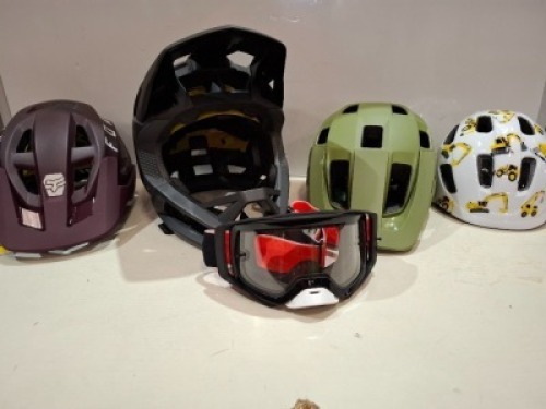 5 X PIECE MIXED BICYCLE ACCESSORIES LOT CONTAINING 1 LAZER BIKE HELMET IN GREEN IN SIZE 55 - 61 CM , 1 FOX RACING HELMET IN BLACK IN SIZE XL , 1 FOX HELMET IN PURPLE IN SIZE LARGE , 1 LAZER KIDS HELMET IN WHITE IN SIZE XXS , 1 X FOX AIRSPACE GOGGLES