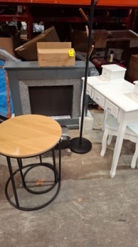 5 X PIECE MIXED LOT TO INCLUDE 1X SMALL BBQ - 1X ELECTRIC FIREPLACE (HAS CHIP IN CORNER) - 1X NEST TABLES - 1X COAT HANGER - 1X 5 DRAWER UNIT WITH STOOL IN WHITE