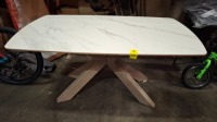1 X MARBLE TOP DINING TABLE IN WHITE (NOTE CRACK ALL THE WAY THROUGH THE LEFT SIDE ON THE MARBLE ONLY PLEASE SEE PICTURE)