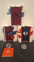 5 X PIECE SWAROVSKI GLASS FIGURINES LOT CONTAINING 3 X CLEAR HEARTS IN THREE COLOURS WHITE , BLUE AND RED - RRP EACH &pound;25 - 1 X MICKEY MOUSE PAPERWEIGHT - RRP &pound;50 , 1 X CRYSTAL SWAN SCS PAPERWEIGHT - &pound;50 COLLECTOR'S ITEMS - TOTAL RRP &pound;175 - (NOTE COMES