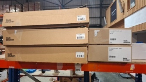6 X BRAND NEW MIXED LOT CONTAINING 3 X IN BOX LOUIS POULSEN PH SPARE PART TOP SHADE IN GREY - DIAM 55 CM - RRP EACH &pound;185 - 2 X PH 3/2 MIDDLE SHADE GLASS SPARE PART - RRP EACH &pound;160 - 1 X LOUIS POULSEN SHADE FOR PANTHELLA 160 PORTABLE V1 AND V2 IN WHITE 