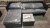 1 X BRAND NEW CORNER RATTAN GARDEN SOFA SET WITH CUSHIONS TO INCLUDE SOFA , CHAISE AND SMALL GLASS TOP TABLE IN BLACK (PRE - BUILT )