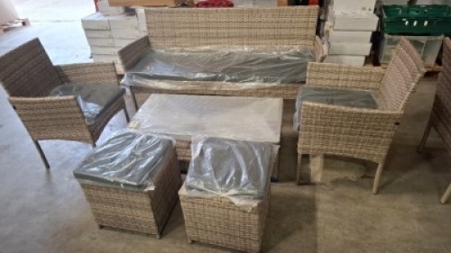 1 X 6 PIECE BRAND NEW GARDEN SET TO INCLUDE 3 - SEATER SOFA , 2 CHAIRS , 2 FOOTSTOOLS , 1 GLASS TOP TABLE IN GREY ( PRE - BUILT )