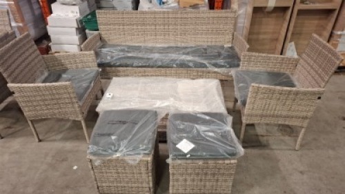 1 X 6 PIECE BRAND NEW GARDEN SET TO INCLUDE 3 - SEATER SOFA , 2 CHAIRS , 2 FOOTSTOOLS , 1 GLASS TOP TABLE IN GREY ( PRE - BUILT )