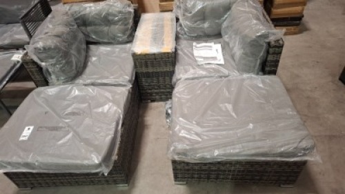 1 X STUDIO BAHAMAS GARDEN SET TO INCLUDE 2 CHAIRS , 2 FOOTSTOOLS AND ONE GLASS TOP TABLE IN BLACK / GREY ( PRE BUILT )