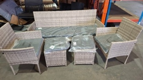 5 PC BRAND NEW GARDEN SET TO INCLUDE 3 - SEATER SOFA , 2 CHAIRS AND 2 FOOTSTOOLS IN LIGHT GREY (PRE BUILT )