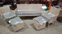 5 PC BRAND NEW GARDEN SET TO INCLUDE 3 - SEATER SOFA , 2 CHAIRS AND 2 FOOTSTOOLS IN LIGHT GREY (PRE BUILT )