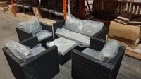 1 X RATTAN GARDEN SET IN GREY TO INCLUDE TWO-SEATER SOFA , 3 ARM CHAIRS , 1 FOOTSTOOL ( PRE BUILT )
