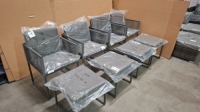 8 X PIECE GARDEN FURNITURE LOT CONTAINING 4 METAL GARDEN CHAIRS AND 4 METAL FOOTSTOOLS IN GREY ( PRE BUILT )
