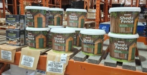 14 X BRAND NEW MIXED LOT CONTAINING 10 BARRETTINE SHED & FENCE RESIN ENRICHED TREATMENT IN VARIOUS COLOURS 4 IN URBAN GREY , 3 IN RED CEDAR , 2 IN EVERGREEN , 1 IN BLACK IN SIZE 5 LITRE , 4 BARRETTINE PREMIER DECKING OIL IN CEDAR RED IN SIZE 2.5L