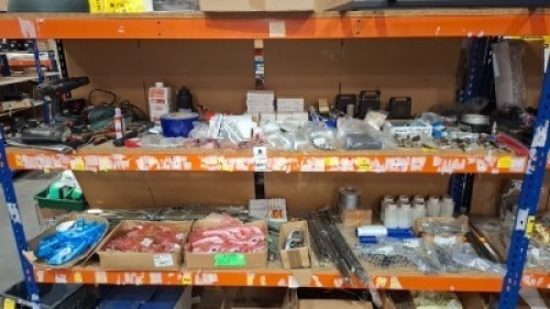 100 + MIXED UPVC WINDOW AND DOOR HARDWARE LOT CONTAINING ERA MAXIM 3D ADJUSTABLE FLAG HINGE IN WHITE , VARIOUS DOORS AND WINDOW HANDLES , EURO CYLINDERS IN VARIOUS SIZES , WINDOW LOCKING MECHANISM ETC OVER TWO SHELVES (PLEASE NOTE AROUND 80% IS BRAND NEW)