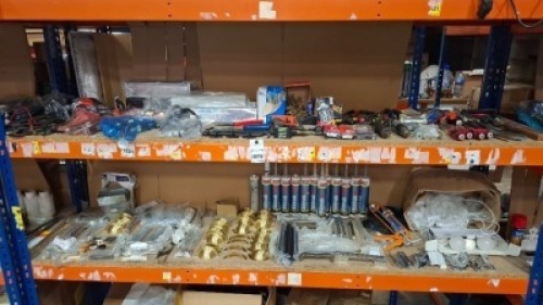100 + MIXED UPVC WINDOW AND DOOR HARDWARE LOT CONTAINING VARIOUS KITCHEN CABINET DOOR HANDLES , SOUDAL SILIRUB NEUTRAL SILICONE , VARIOUS DOOR HANDLES , VARIOUS TOOLS SCREWDRIVERS HAMMERS ETC OVER TWO SHELVES