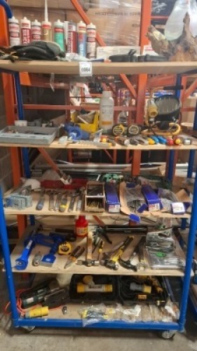 100 + MIXED LOT CONTAINING DEWALT HAMMER DRILL 110 V , BOSCH JIGSAW , VARIOUS TOOLS HAMMERS , ADJUSTABLE SPANNERS , FORGE MASTER SDS DRILL BITS 8.0 X 210 MM , PORTABLE WORK LIGHT ETC OVER 5 SHELFS