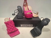 32 X PAIRS OF BRAND NEW MISSGUIDED MIXED SHOE LOT CONTAINING, ENTRY BLOCK HEELED SANDAL IN BLACK SQUARE TOE HIGH HEEL TIE UP SANDALS IN SAND, EXTREME SATIN PLATFORM HEELED SANDALS IN HOT PINK ALL IN SIZE 4 (ON HALF A BAY)
