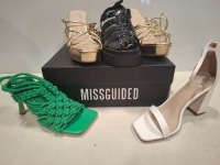 32 X PAIRS OF BRAND NEW MISSGUIDED MIXED SHOE LOT CONTAINING, HIGH HEEL BLOCK BARELY THERE SANDALS IN WHITE, CROCHET TIE UP HEEL SANDAL IN GREEN, PLATFORM STRAPPY HEELED SANDALS IN GOLD (ON A HALF BAY)