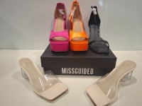 32 X PAIRS OF BRAND NEW MISSGUIDED MIXED SHOE LOT CONTAINING EXTREME PLATFORM SATIN HEELED SANDALS IN HOT PINK, ENTRY BLOCK HEELED SANDAL IN BLACK , PERSPEX BLOCK HEEL MULE SANDAL IN SAND ALL IN SIZE 4 ETC ON HALF A BAY