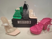32 X PAIRS OF BRAND NEW MISSGUIDED MIXED SHOE LOT CONTAINING, PERSPEX BLOCK HEEL MULE SANDAL IN SAND, ENTRY BLOCK HEELED SANDAL IN BLACK, HIGH HEEL BLOCK BARELY THERE SANDAL, IN WHITE ALL IN SIZE 4 (ON A HALF BAY)