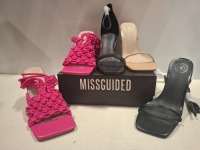 32 X PAIRS OF BRAND NEW MISSGUIDED MIXED SHOE LOT CONTAINING SQUARE TOE HIGH HEEL TIE UP SANDALS IN SAND , ENTRY BLOCK HEELED SANDAL IN BLACK , CROCHET TIE UP HEELED SANDAL IN HOT PINK ALL IN SIZE 5 ETC ON HALF A BAY