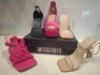 32 X PAIRS OF BRAND NEW MISSGUIDED MIXED SHOE LOT CONTAINING SQUARE TOE HIGH HEEL TIE UP SANDALS IN SAND , ENTRY BLOCK HEELED SANDAL IN BLACK , CROCHET TIE UP HEELED SANDAL IN HOT PINK ALL IN SIZE 5 ETC ON HALF A BAY