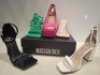 32 X PAIRS OF BRAND NEW MISSGUIDED MIXED SHOE LOT CONTAINING, HIGH HEEL BLOCK BARELY THERE SANDALS IN WHITE , ASYM STRAPPY HIGH HEEL SANDALS IN WHITE , CLEAR BLOCK HEEL MULE IN CLEAR ALL IN SIZE 5 ETC ON HALF A BAY