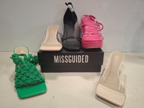 32 X PAIRS OF BRAND NEW MISSGUIDED MIXED SHOE LOT CONTAINING, FAUX LEATHER PLATFORM STRAPPY SANDAL IN PINK , PERSPEX BLOCK HEEL MULE SANDAL IN SAND , ENTRY BLOCK HEELED SANDAL IN BLACK ALL IN SIZE 5 ETC ON HALF A BAY