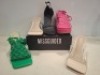 32 X PAIRS OF BRAND NEW MISSGUIDED MIXED SHOE LOT CONTAINING, FAUX LEATHER PLATFORM STRAPPY SANDAL IN PINK , PERSPEX BLOCK HEEL MULE SANDAL IN SAND , ENTRY BLOCK HEELED SANDAL IN BLACK ALL IN SIZE 5 ETC ON HALF A BAY