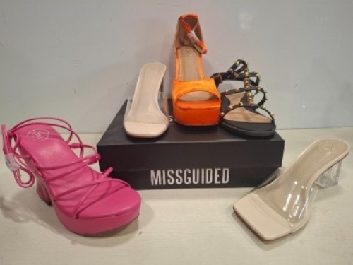 32 X PAIRS OF BRAND NEW MISSGUIDED MIXED SHOE LOT CONTAINING EXTREME PLATFORM SATIN HEELED SANDAL IN ORANGE , CLEAR HEEL BLOCK MULE IN CLEAR , DOME STUD GLADIATOR SANDAL IN BLACK ALL IN SIZE 5 ETC ON HALF A BAY