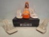 32 X PAIRS OF BRAND NEW MISSGUIDED MIXED SHOE LOT CONTAINING HIGH HEEL BLOCK BARELY THERE IN SANDALS IN WHITE , ASYM STRAPPY HIGH HEEL SANDALS IN WHITE , EXTREME PLATFORM SATIN HIGH HEELED SANDAL IN ORANGE ALL IN SIZE 5 ETC ON A FULL BAY