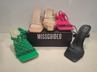 32 X PAIRS OF BRAND NEW MISSGUIDED MIXED SHOE LOT CONTAINING SQUARE TOE HIGH HEEL TIE UP SANDALS IN BLACK , CROCHET TIE UP HEELED SANDAL IN HOT PINK , ENTRY BLOCK HEELED SANDAL IN BLACK ALL IN SIZE 6 ETC ON HALF A BAY