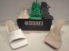 32 X PAIRS OF BRAND NEW MISSGUIDED MIXED SHOE LOT CONTAINING, PLATFORM STRAPPY HEELED SANDAL IN GOLDEN , PERSPEX BLOCK HEELED MULE SANDAL IN SAND , CLEAR HEEL BLOCK HEEL MULE IN CLEAR ALL IN SIZE 6 ETC ON HALF A BAY