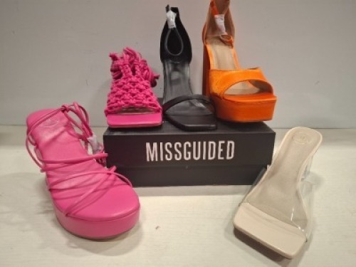 32 X PAIRS OF BRAND NEW MISSGUIDED MIXED SHOE LOT CONTAINING PERSPEX BLOCK HEEL MULE SANDAL IN SAND , FAUX LEATHER PLATFORM STRAPPY SANDAL IN HOT PINK , EXTREME PLATFORM SATIN HEELED SANDAL IN ORANGE ALL IN SIZE 6 ETC ON HALF A BAY