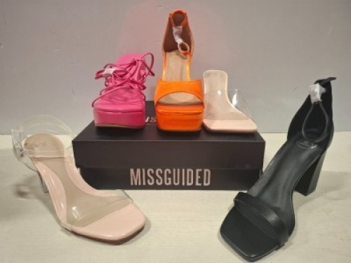 32 X PAIRS OF BRAND NEW MISSGUIDED MIXED SHOE LOT CONTAINING CROCHET TIE UP HEELED SANDALS IN GREEN , MID CLEAR HEEL BLOCK IN NUDE , EXTREME PLATFORM SATIN HEELED SANDAL IN ORANGE ALL IN SIZE 6 ETC ON HALF A BAY