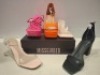 32 X PAIRS OF BRAND NEW MISSGUIDED MIXED SHOE LOT CONTAINING CROCHET TIE UP HEELED SANDALS IN GREEN , MID CLEAR HEEL BLOCK IN NUDE , EXTREME PLATFORM SATIN HEELED SANDAL IN ORANGE ALL IN SIZE 6 ETC ON HALF A BAY