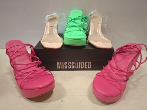 32 X PAIRS OF BRAND NEW MISSGUIDED MIXED SHOE LOT CONTAINING FAUX LEATHER PLATFORM STRAPPY SANDAL IN PINK , MID CLEAR HEEL BLOCK IN NUDE , EXTREME PLATFORM SATIN HEELED SANDAL IN ORANGE ALL IN SIZE 6 ETC ON A FULL BAY